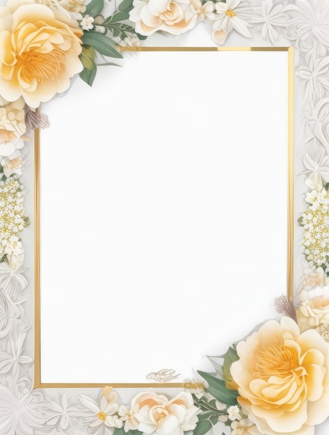 Photo superbe cadre floral avec fleur blanche complexe et feuillage luxuriant - cadre doré pastel