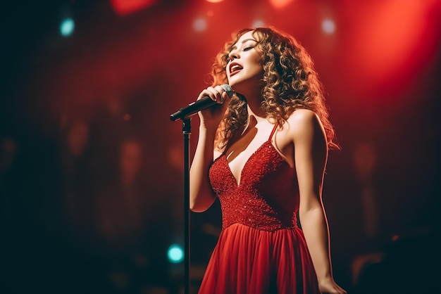 Superbe chanteuse avec une robe rouge chaude