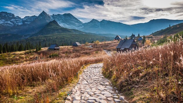 Superbe coucher de soleil dans la vallée de montagne Tatras en automne