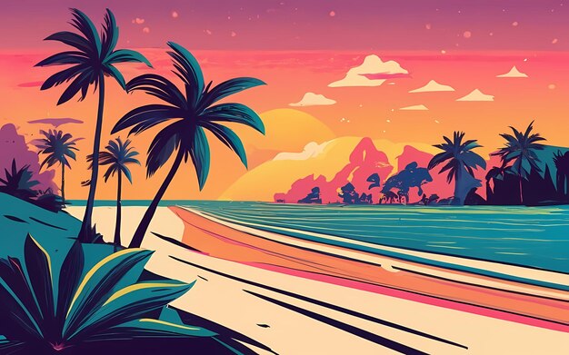 superbe coucher de soleil sur une illustration de plage