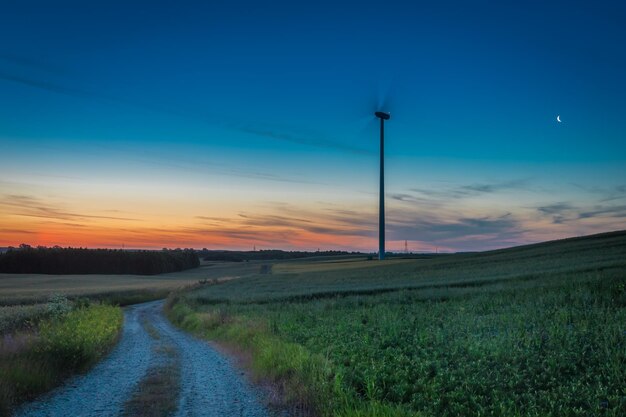 Superbe crépuscule sur terrain avec éoliennes