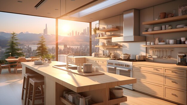 Une superbe cuisine moderne avec une grande fenêtre dans un gratte-ciel surplombant la ville au lever du soleil