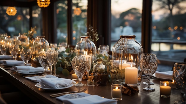 Superbe décoration de table de mariage avec des fleurs sur des tables en bois