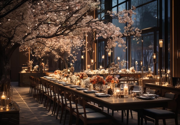 Superbe décoration de table de mariage avec des fleurs sur des tables en bois