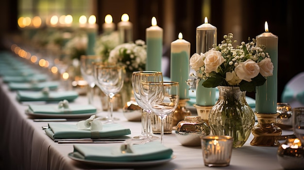 Superbe décoration de table de mariage avec des fleurs sur des tables en bois