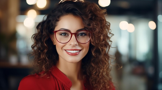 Superbe femme avec une expression joyeuse portant des lunettes rouges à la mode posant pour une photo honnête représentant un étudiant intelligent et joyeux 19 mots