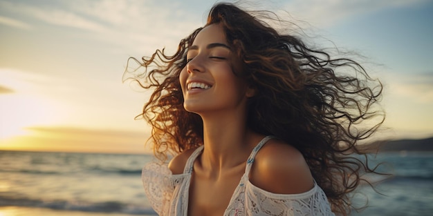 Une superbe femme issue d'un mélange d'ethnies se repose paisiblement sur le rivage, les yeux fermés, alors qu'elle savoure la brise marine et le coucher du soleil.