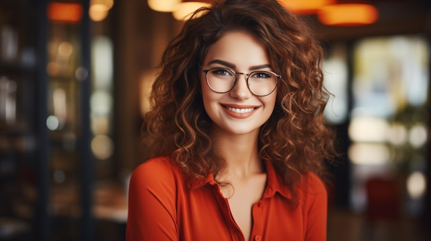 Superbe femme avec un sourire éclatant et des lunettes rouges tendance regardant la caméra, un portrait original d'un élève intelligent et joyeux représentant l'idée d'apprendre