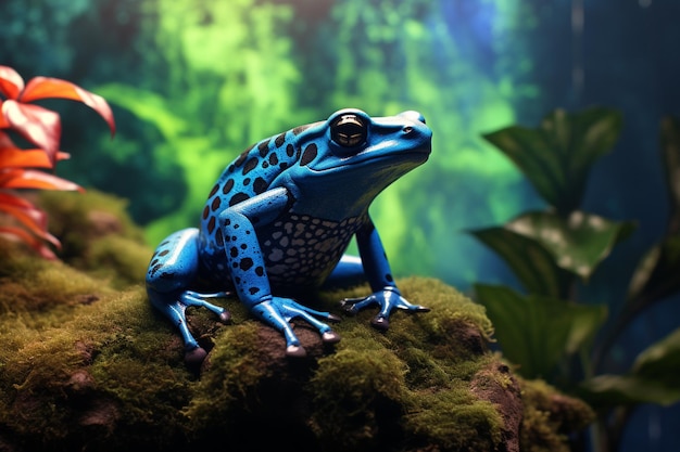 Une superbe grenouille empoisonnée bleue dans sa pluie luxuriante 00490 03