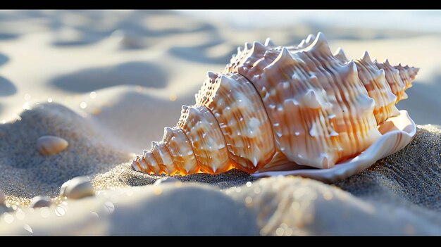 Un superbe gros plan d'une coquille sur la plage avec un fond flou La coquille a une belle forme spirale et une texture rugueuse