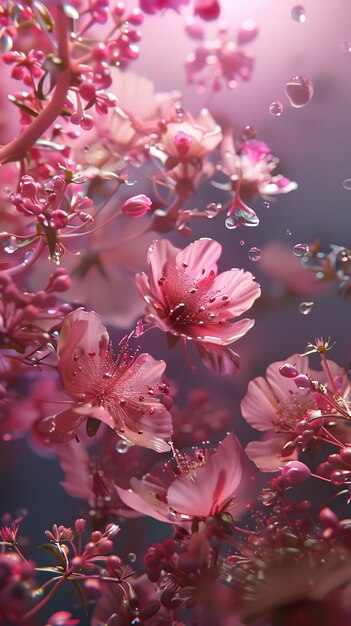 Un superbe gros plan éthérique de fleurs roses en fleurs avec des gouttes de rosée créant un rêve et une sérénité