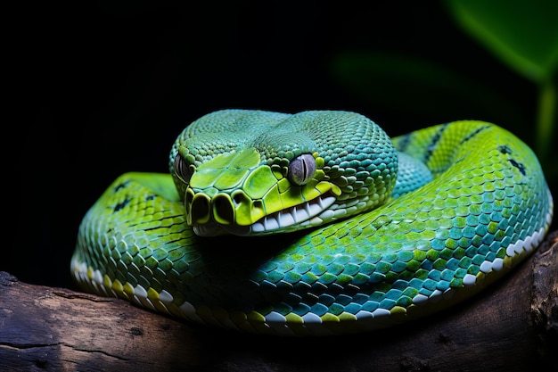 Un superbe gros plan d'un magnifique serpent vert gracieusement enroulé sur une branche d'arbre de la jungle tropicale