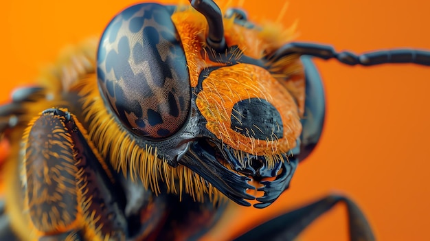 Un superbe gros plan de la tête d'une guêpe montrant ses antennes et ses mandibules La guêpe est perchée sur une fleur et son corps est couvert de pollen