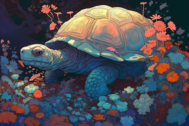 Superbe illustration d'une tortue avec des ornements floraux. Génératif A