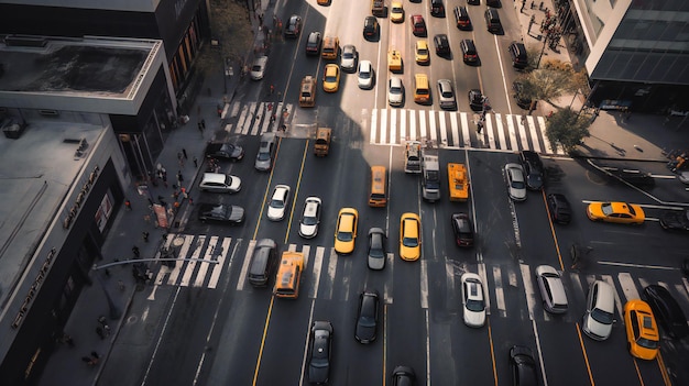 Une superbe image de haut en bas d'une intersection de la ville mettant l'accent sur les schémas complexes et le mouvement des différents modes de transport