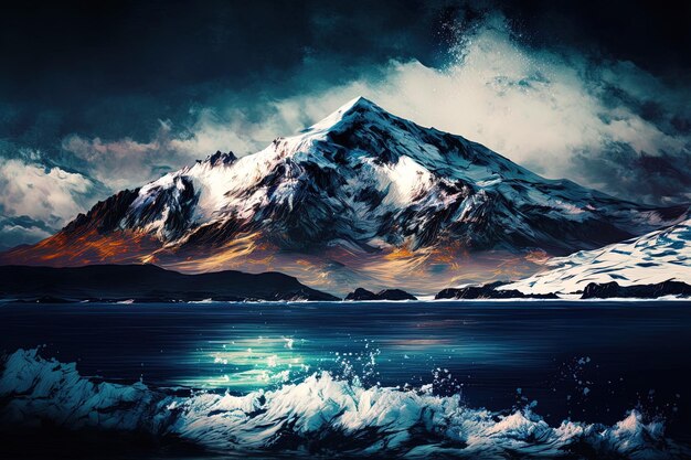 Superbe image de la mer et des montagnes enneigées