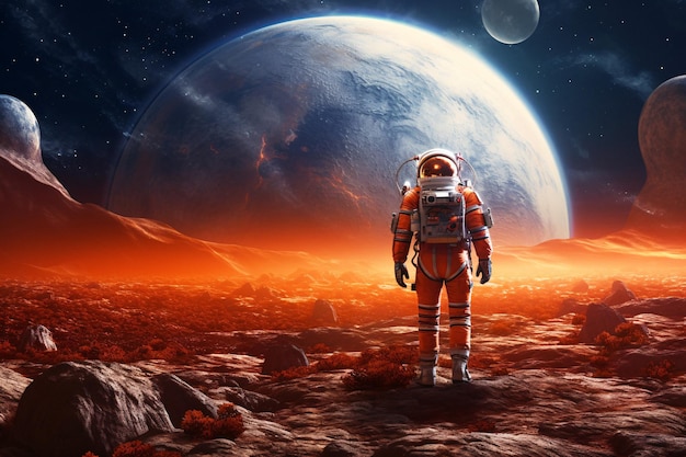 Superbe image de stock astronaute debout sur une surface rocheuse devant la planète générée par l'IA