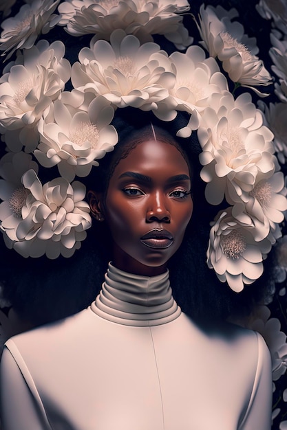 Superbe jeune femme noire brillante dans une tenue blanche élégante entourée de grosses fleurs blanches épaisses AIGenerated