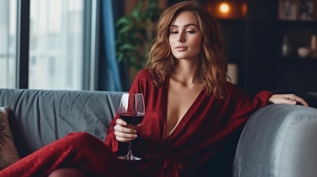 Photo superbe jeune femme en peignoir buvant du vin rouge dans le salon generative ai