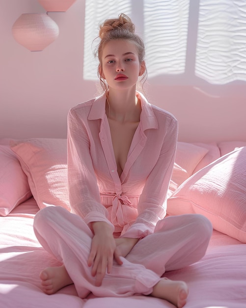 Superbe jeune femme en pyjama rose assise sur le lit