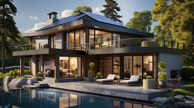Superbe maison de campagne avec panneaux solaires et terrasse sur le toit Conception de l'extérieur et de l'intérieur d'une maison de luxe avec piscinexA