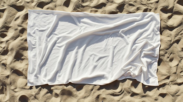 Photo une superbe maquette de serviette de plage en blanc affichée sur le sable doux mettant en valeur sa taille généreuse et sa qualité de tissu haut de gamme parfaite pour les conceptions personnalisées cette maquette est un must-have pour n'importe quelle plage