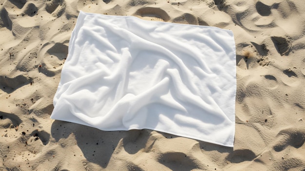 Photo une superbe maquette de serviette de plage blanche sur le littoral sablonneux chaud mettant en valeur sa taille généreuse et sa qualité de tissu inégalée parfaite pour les dessins personnalisés cette maquette exhale le luxe de la plage