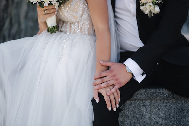 Superbe mariée avec un marié élégant assis près d'un grand arbre dans le parc. Couple de mariage heureux