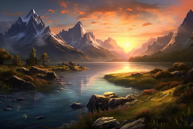 Superbe paysage naturel avec un coucher de soleil à couper le souffle sur un lac serein entouré de montagnes majestueuses illustration ai générative