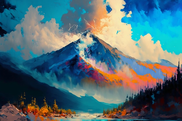 Superbe peinture de paysage aux couleurs majestueuses et magiques.