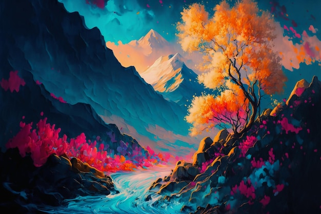 Superbe peinture de paysage aux couleurs majestueuses et magiques.