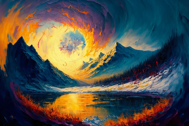 Superbe peinture de paysage aux couleurs majestueuses et magiques.