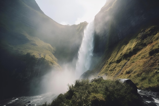 Superbe photo d'une chute d'eau imposante, sa brume et ses embruns remplissant l'air et créant un spectacle fascinant AI générative