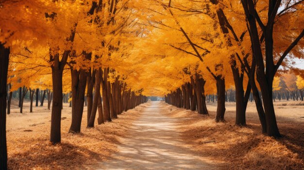 Une superbe photographie capturant les teintes dorées d'un sentier bordé d'arbres en automne