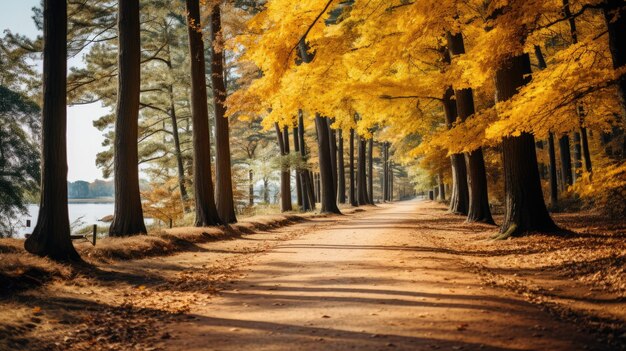 Une superbe photographie capturant les teintes dorées d'un sentier bordé d'arbres en automne