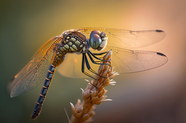 Une superbe photographie en gros plan d'une libellule perchée sur une branche générée par l'IA