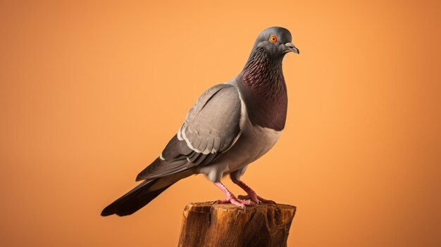 Superbe pigeon noir et gris perché sur du bois de style rose foncé et orange