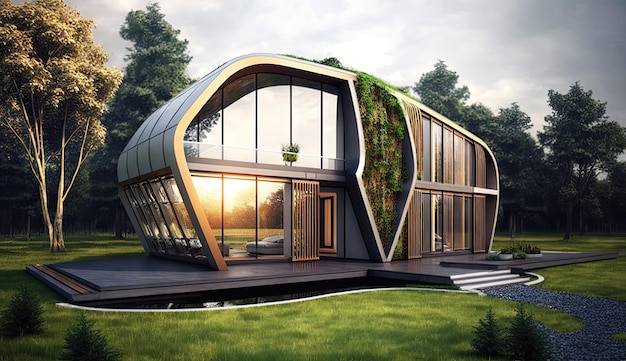 Ce superbe rendu 3D d'une conception de maison respectueuse de l'environnement met en valeur l'harmonie parfaite entre la durabilité et le style Généré par l'IA