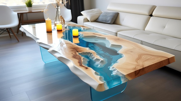 Une superbe table design en bois massif et résine époxy colorée. La table est un ajout magnifique et élégant à toute maison ou bureau.