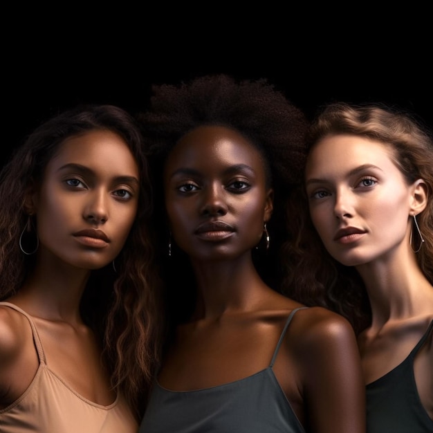 Superbe trio de femmes noires et brunes prenant la pose pour une photo captivante IA générative