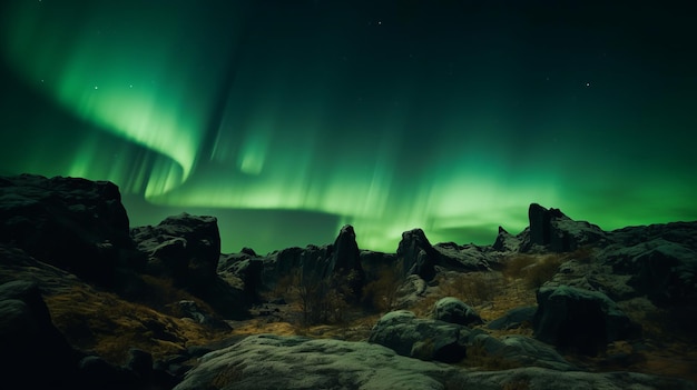 Superbes aurores vertes sur un paysage rocheux