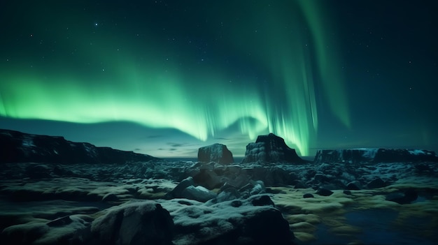 Superbes aurores vertes sur un paysage rocheux