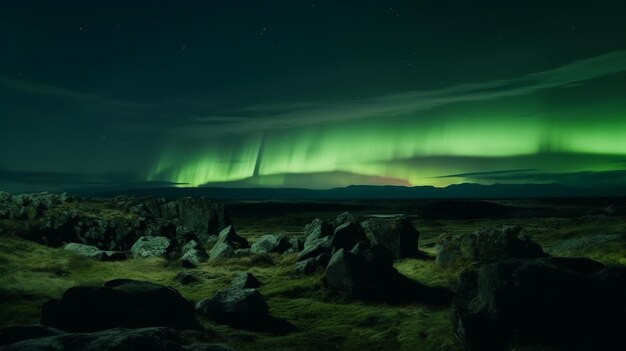 Superbes aurores vertes sur un paysage rocheux