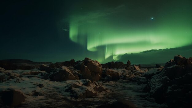 Superbes aurores vertes sur un paysage rocheux