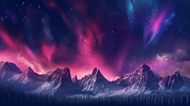 Superbes montagnes avec Aurora Borealis Fuchsia Sky Foundation avec copyspace généré par l'IA