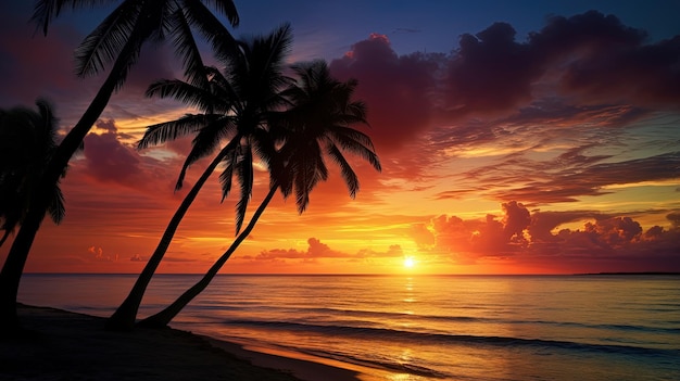 Photo de superbes palmiers se découpant sur l'océan au coucher du soleil