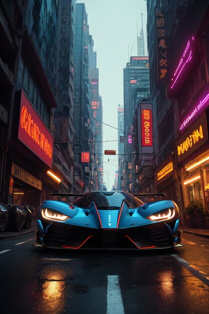 Une supercar bleue roule dans une rue animée de hong kong.