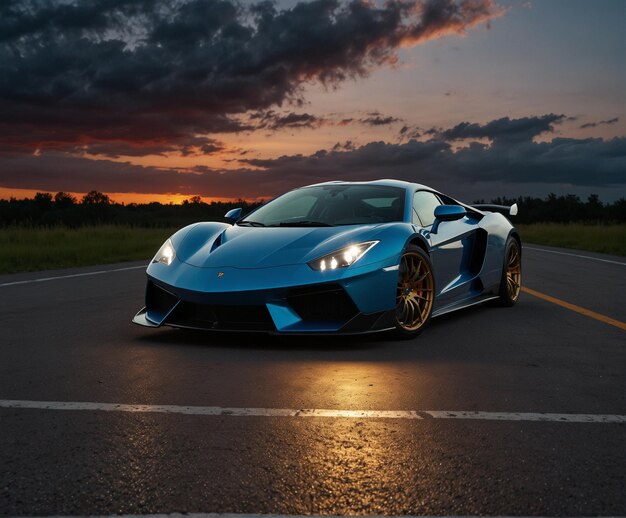 Photo une supercar bleue roule sur la route avec le soleil qui brille dessus