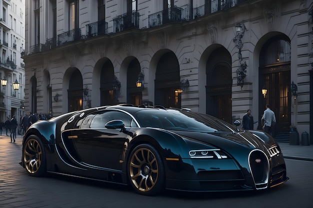 Supercar Bugatti Veyron élégant dans un paysage urbain animé avec une architecture traditionnelle générée par l'IA