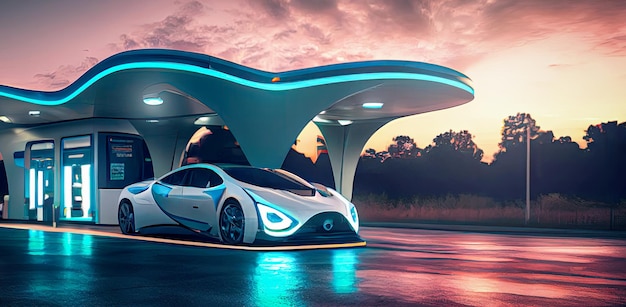 Une supercar élégante et élégante se trouve dans une station-service de pointe de carburants alternatifs comme l'hydrogène